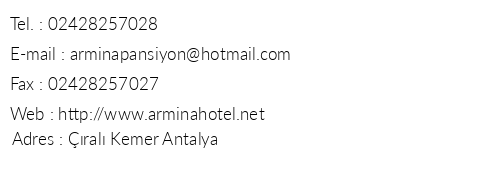 Armina Hotel Pansiyon telefon numaralar, faks, e-mail, posta adresi ve iletiim bilgileri